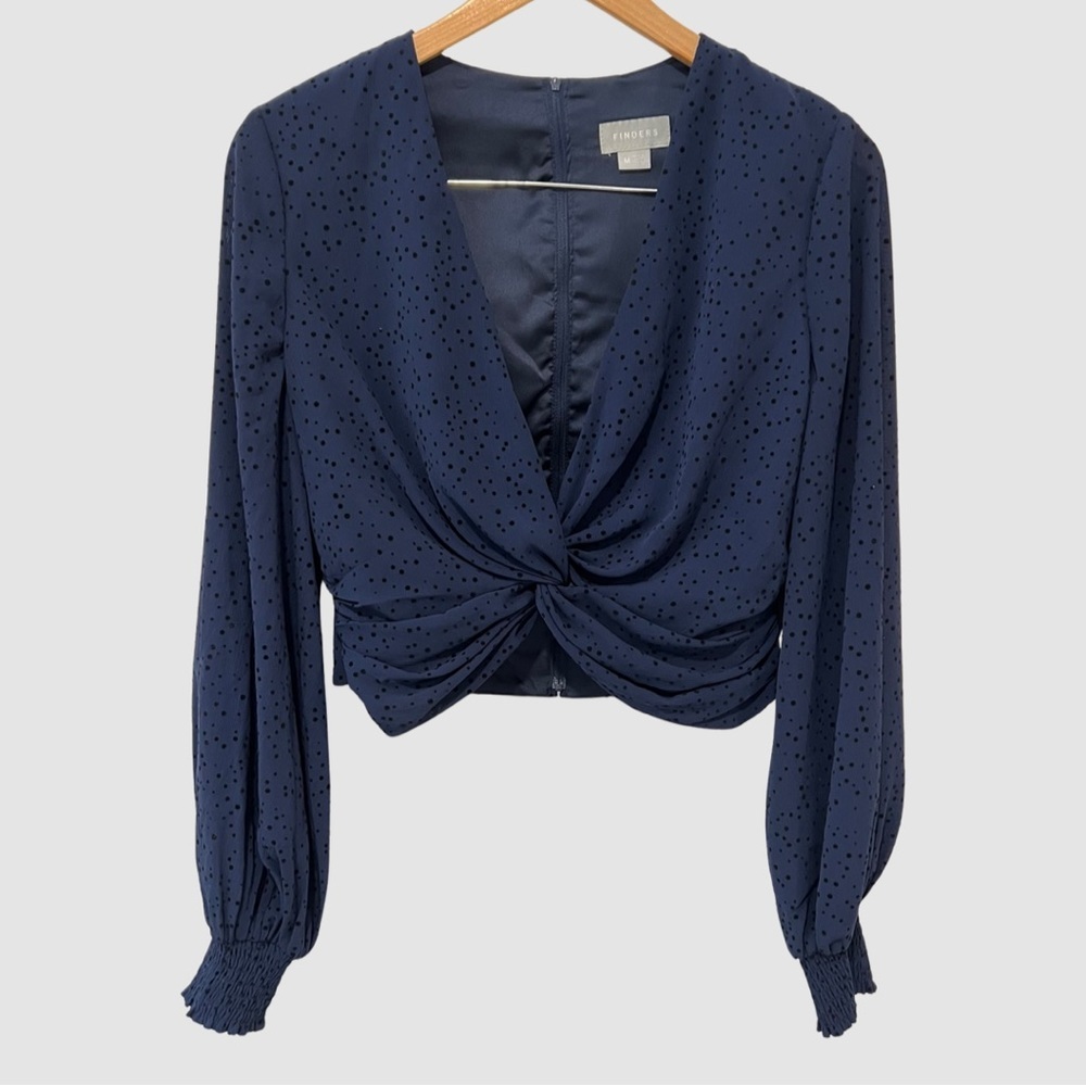 Finders Navy Polka Dot Faux Wrap Cropped Blouse M ($130)